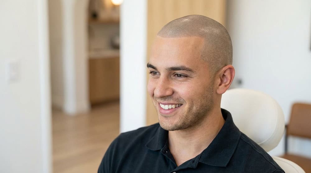 Smiling patient after scalp micropigmentation in Madrid at FUExpert Clinic, hair clinic in Aravaca