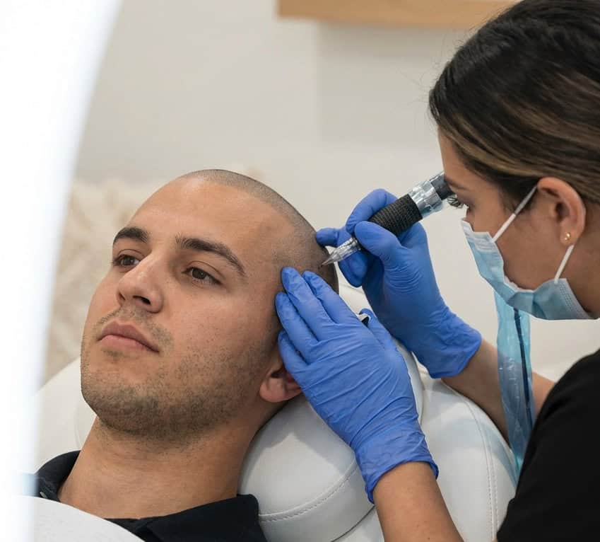 Scalp micropigmentation on receding temples: natural hairline reconstruction in a patient from Madrid.