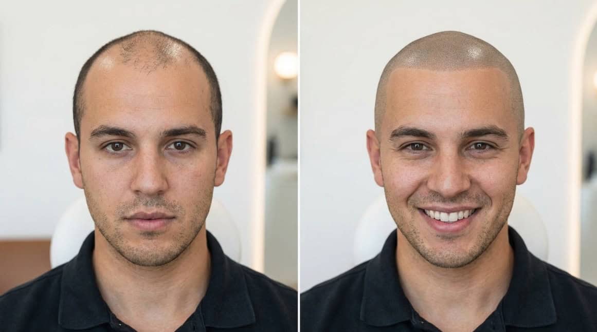 Before and after scalp micropigmentation in Madrid: natural results at FUExpert Clinic (Aravaca).